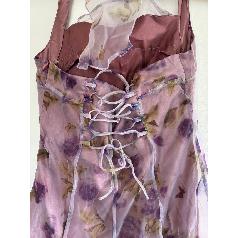 TCCX Floral Mesh Midi Dress Lace Up Back Fairycore Whimsigoth Sheer Overlay L - Picture 8 of 11